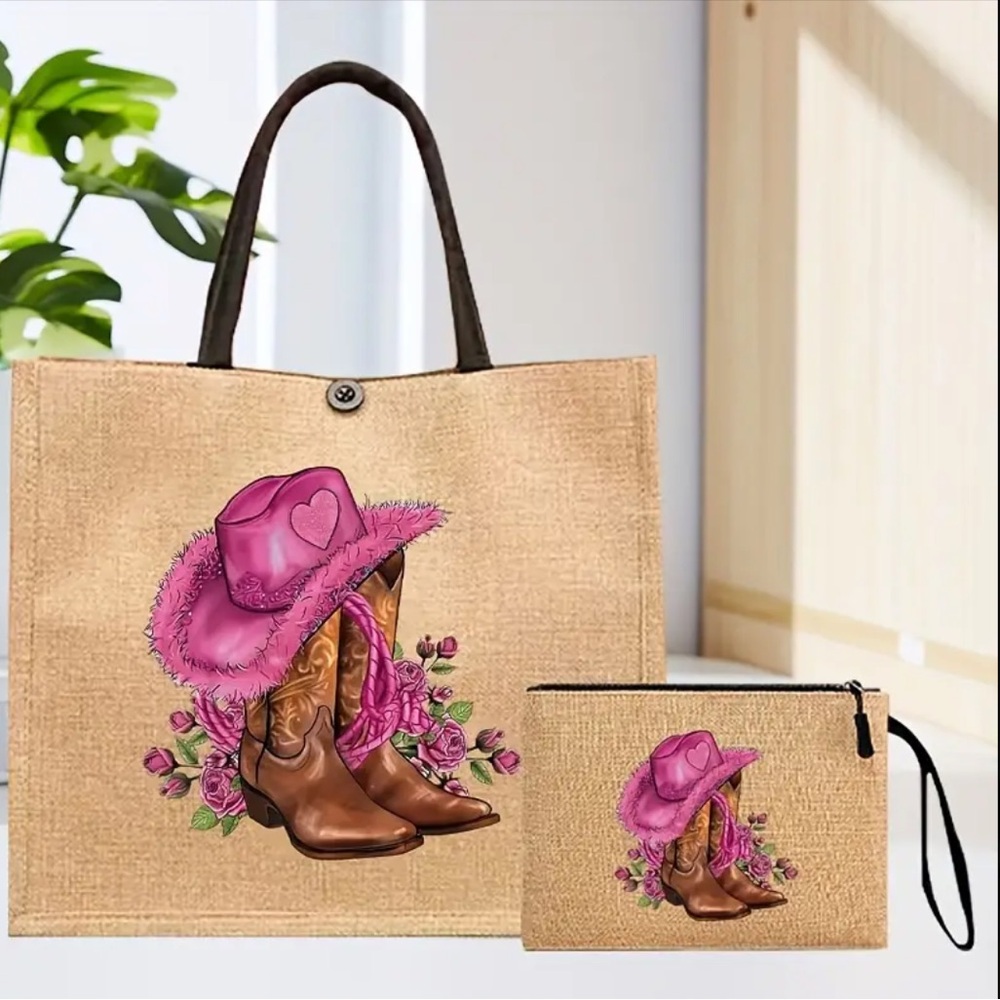 CANVAS TOTE BAG ✨ Cowboy Boots & Pink Hat